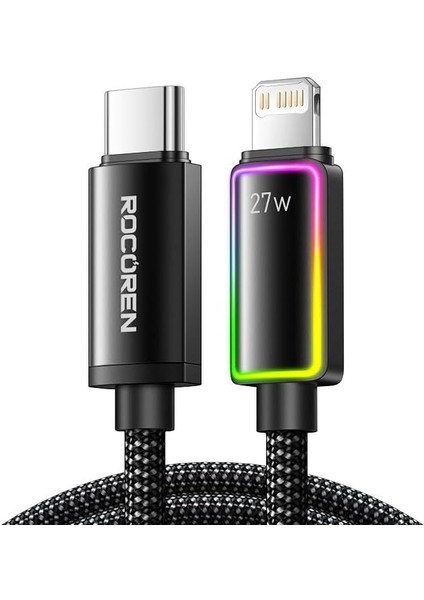 27W Type-C To Lightning Rgb Aydınlatmalı Örgülü Şarj ve Data Kablosu 2 Metre