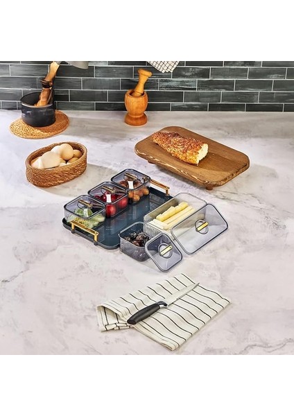 Tepsili Lüx 5 Bölmeli 6 Parça Kahvaltılık Seti, Şık ve Fonksiyonel Akrilik Tepsili Lüks 5 Bölmeli Kahvaltılık Seti - Kahvaltı Keyfinizi Artırın!