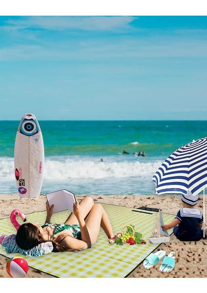 Plaj Havlusu, Piknik Örtüsü, Plaj Matı, Çantalı Plaj Hasırı,kamp Battaniyesi, Kamp Matı, Katlanabilir, Hafif, Su Geçirmez, Kum Geçirmez (Beyaz-Sarı Kare)