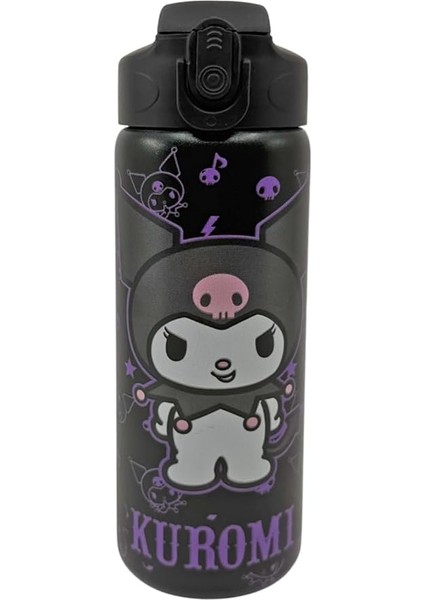 600ML Kuromi Temalı Lisanslı Pipetli Kilitlenebilir Kapak Paslanmaz Çelik Termos Matara (Siyah)