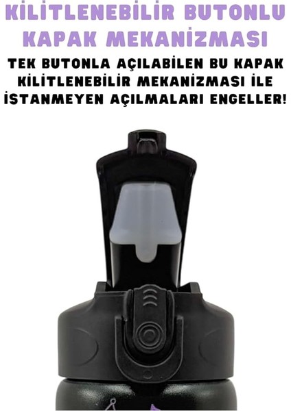600ML Kuromi Temalı Lisanslı Pipetli Kilitlenebilir Kapak Paslanmaz Çelik Termos Matara (Siyah) fiyatları