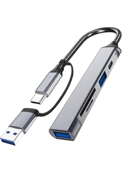 Fonksiyonlu USB Hub, Tip-C ve USB Bağlantı Noktaları, Kompakt Tasarım Sd-Tf Kart Okuyuculu 5 In 1