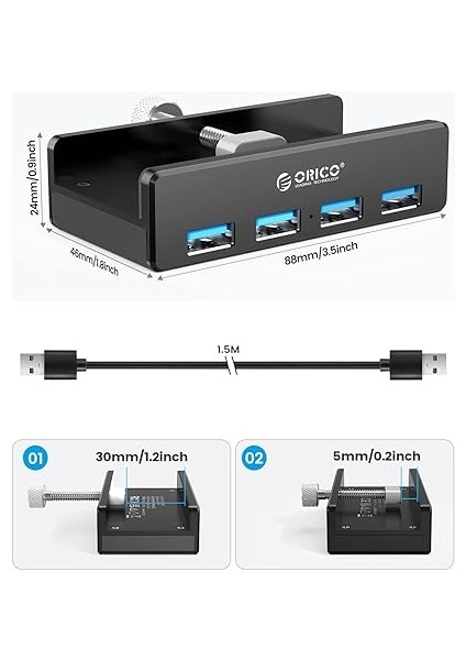 USB Hub Clip Tipi, 4 Port USB 3.0 Hub 5 Gbps Super Speed Mini Alüminyum Veri Merkezi 150 cm Kablolu (A To A, Siyah) Monitörler, Çalışma Masaları Için (Güç Kaynağı Bağlantısı Yok) - Siyah modelleri