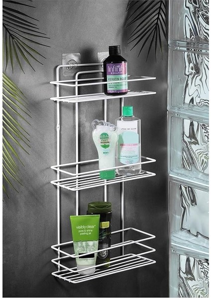 Haus Ömür Boyu Paslanmaz Düz Banyo Köşeliği Şampuanlık Banyo Rafı Beyaz