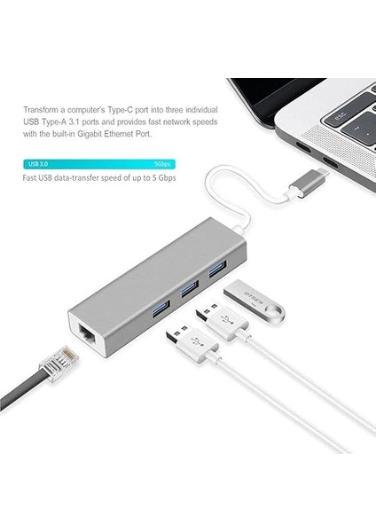 FC05 Type-C To 3 x 3.0 USB + RJ45 Lan Ethernet Çevirici MacBook Uyumlu fırsatları