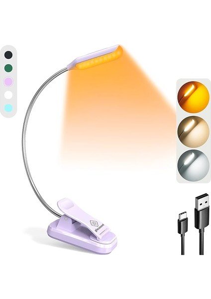 Söğüt Yatakta Kitaplar Için Okuma Işıkları, 10LED Parlak Kitap Işığı, 3 Renk ve 3 Parlaklık, Şarj Edilebilir Kitap Işığı 80 Saat Sürer, Okuma Işığında Hafif Klips (Mor)