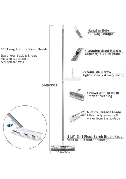 Plus Uzun Saplı Zemin Fırçalama Fırçası 54''- Sert Kıl 2'si 1 Arada Duş Temizleyici Silecekli Mutfak, Duvar, Fayans, Harç, Küvet ve Halı, Fırça Süpürgesi Ovma Garajı, Veranda Güverte modelleri