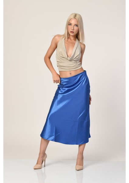 Big Dart Yüksek Bel Saten Etek - Mavi Mavi - 38
