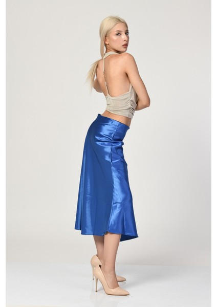 Big Dart Yüksek Bel Saten Etek - Mavi Mavi - 38