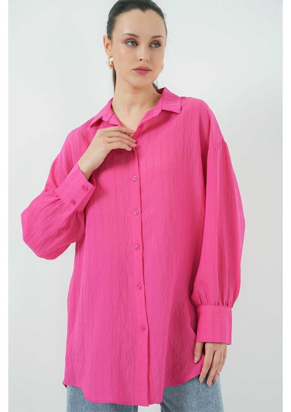 Big Dart Çizgili Oversize Gömlek - Fuşya Fuşya - 38