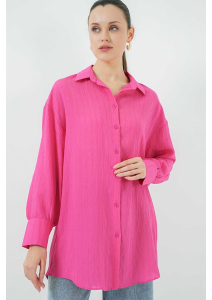 Big Dart Çizgili Oversize Gömlek - Fuşya Fuşya - 38 modelleri