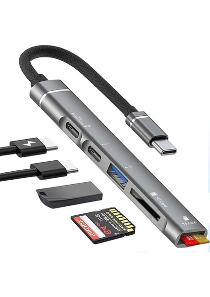 Lightning + USB C - USB Adaptörü 5'i 1 Arada USB Otg Adaptörü, USB 3.0 Hub ile Sd/tf Kart Okuyucu/pd Hızlı Şarj iPhone 14/13/12, Çoğu C Tipi Telefon, iPad Pro, Dizüstü Bilgisayarlara Uyumlu