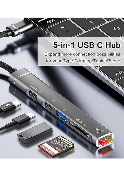 Lightning + USB C - USB Adaptörü 5'i 1 Arada USB Otg Adaptörü, USB 3.0 Hub ile Sd/tf Kart Okuyucu/pd Hızlı Şarj iPhone 14/13/12, Çoğu C Tipi Telefon, iPad Pro, Dizüstü Bilgisayarlara Uyumlu modelleri