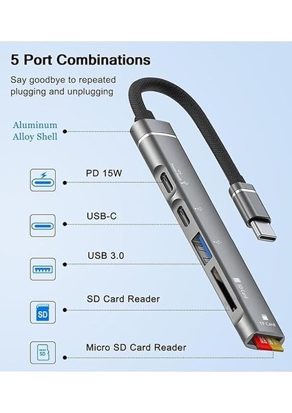 Lightning + USB C - USB Adaptörü 5'i 1 Arada USB Otg Adaptörü, USB 3.0 Hub ile Sd/tf Kart Okuyucu/pd Hızlı Şarj iPhone 14/13/12, Çoğu C Tipi Telefon, iPad Pro, Dizüstü Bilgisayarlara Uyumlu fırsatları