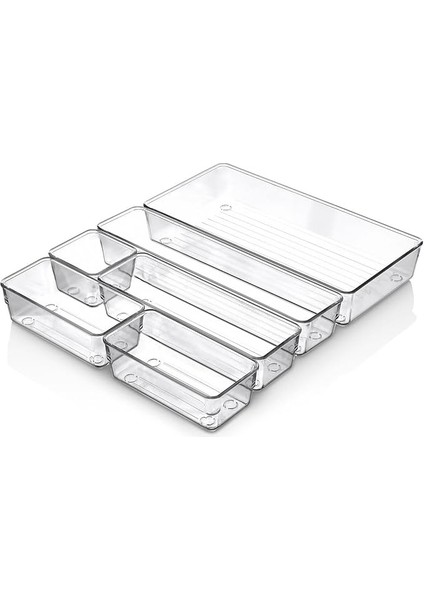 6'lı Şeffaf Çekmece Düzenleyici Seti – Plastik Organizer Kutular | Makyaj, Ofis, Mutfak ve Banyo Düzeni Için 6 Farklı Boyda Şeffaf Kutu