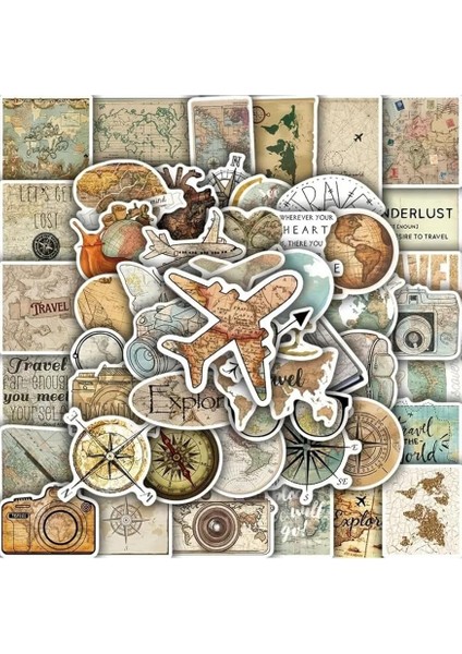 Major Selection 50'li Vintage Travel Map Stickers Set, Seyahat Sticker Seti Laptop Notebook Tablet Sticker Seti fiyatları