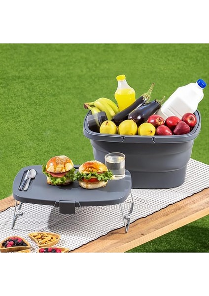 07-1304 Katlanır Piknik Sepeti - Silikonlu Katlanabilir Saklama Kutusu - 21 L Antrasit