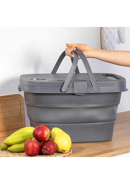 07-1304 Katlanır Piknik Sepeti - Silikonlu Katlanabilir Saklama Kutusu - 21 L Antrasit fiyatları