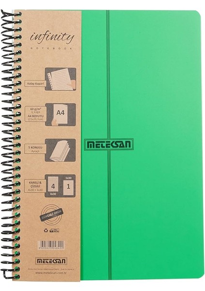 Infinity Primary Serisi, A4, 5 Konulu (4 Kareli, 1 Çizgili) 150 Yaprak Pp Kapaklı Spiralli Defter, Yeşil