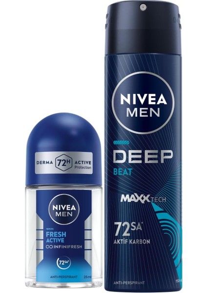 Men Erkek Sprey Deodorant Deep Beat 150ML ve Mini Roll-On Fresh Active 25ML Set, Ter Karşıtı Koruma