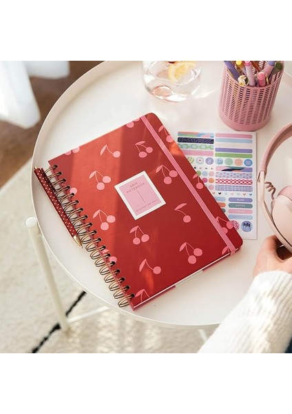 Spiralli Lastikli Sert Kapak Kareli Not Defteri Kiraz