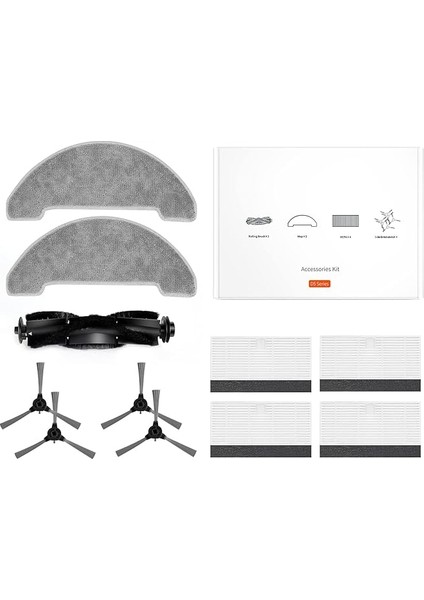 D5S Pro Aksesuar Kiti, 11 Parça (4 Yan Fırça + 4 Hepa Filtre + 2 Mikrofiber Paspas Bezi + 1 Rulo Fırça)