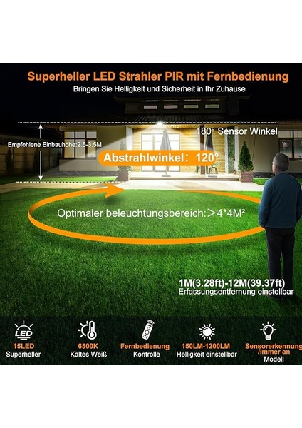 15W Hareket Sensörlü LED Spot Lamba, Uzaktan Kumanda ILE,1200 Lm, 6500 K, IP66 Su Geçirmez, LED Projektör, Zamanlama Fonksiyonu, Parlaklık, Ayarlanabilir Far, Bahçe, Garaj, Avlu Için fiyatları