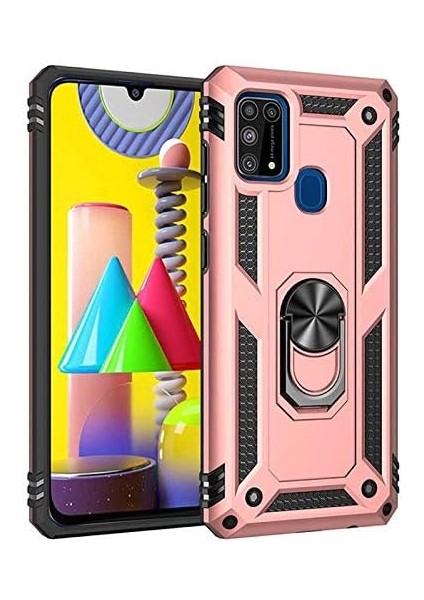 Samsung Galaxy M31 Silikon Kılıf Tank Yüzük Standlı Darbe Korumalı Kapak Rose Gold