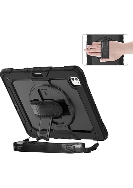 iPad Air 13 Inç M2 2024 Için Kılıf (Model: A2899) Tam Koruma Darbe Emici, 360° Dönebilen Stand, Ayarlanabilir Omuz Askısı, Kalem Tutucu, Siyah (Ipad Air 13" 2024) modelleri