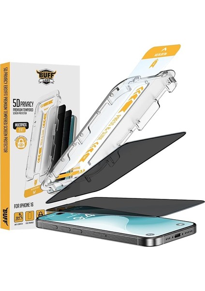 Labs iPhone 16 Serisi ile Uyumlu 5d Privacy Easyfit 2 Adet Kolay Uygulama Aparatlı Ekran Koruyucu Temperli Cam Hayalet Ekran (Iphone 16)