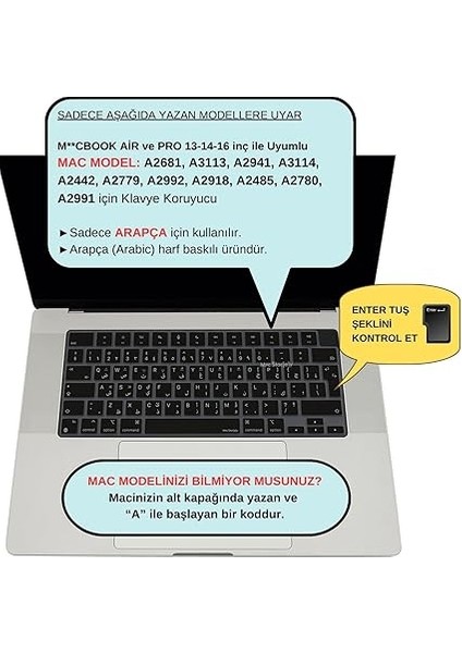 Arapça Klavye Macbook Air Pro Kılıf M1-M2-M3 (Touchbarsız) A2681 A3113, A2941 A3114, A2442 A2779 A2992 A2918, A2485 A2780 A2991 ile Uyumlu Siyah fiyatları