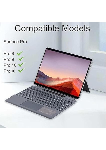 Surface Pro 11(2024) / Surface Pro 10(2024) / Surface Pro 9(2022) / Surface Pro 8(2021) / Surface Pro x Için Tablet Klavye Çoklu Dokunmatik Yüzeye Sahip 13 Inç Gri Siyah Gri-Arka Işık Yok fiyatları