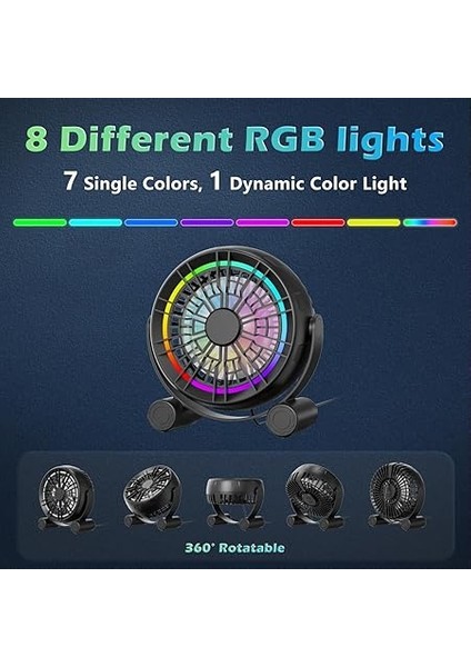 USB Rgb Masa Fanı - 3 Hız Sessiz Taşınabilir Masa Vantilatörü, 8 Renkli LED Işık, 360° Döndürme, Ev Ofis Masaüstü Yatak Odası Için Küçük Fan fırsatları