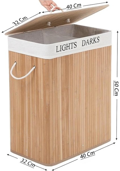 Home Doğal Bambu Katlanabilir Kirli Çamaşır Sepeti, Yıkanabilir Çıkarılabilir Astar Torbalı, Sele Görünümlü Şık ve Dayanıklı Çamaşır Sepeti, Kapaklı ve Ergonomik Tasarım (2 Bölmeli) fırsatları