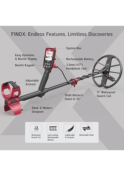 Fındx Metal Dedektörü Su Geçirmez, Altın Arama, Pinpoint Modu, USB Şarj Edilebilir Pil, Kulaklık, Taşıma Çantası fiyatları