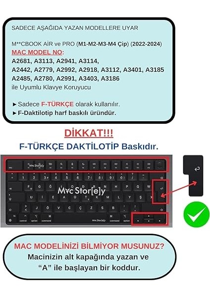 F Klavye Macbook Air-Pro M1-M2-M3 Daktilotip (Touchbarsız) A2681 A3113 A2941 A3114 A2442 A2779 A2992 A2918 A2485 A2780 A2991 ile Uyumlu Siyah fiyatları