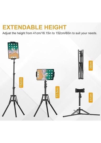 iPad Tripod Standı, 160 Cm/65 Inç'e Kadar Ayarlanabilen iPad Tutucu, 360°AYARLANABILIR iPad Stand Zemin, iPad Pro, iPad Mini, Samsung Galaxy Tab Için Tablet Standı (Hepsi 4,7-12,9 Inç) modelleri