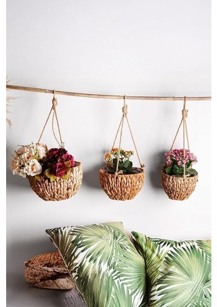 3'lü Asılabilir El Yapımı ve Doğal Yuvarlak Hasır Saksılık Seti, 3'lü Hasır Yuvarlak Saksı Seti