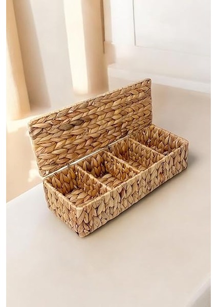 El Yapımı Doğal Hasır Dikdörtgen Çok Amaçlı 4 Bölmeli Kapaklı Dolap Düzenleyici (40X15X10CM) fırsatları