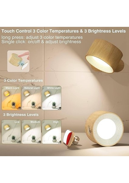 LED Aplikler, Pille Çalışan USB Bağlantı Noktalı Duvara Monte Lambalar 3 Renk Sıcaklığı ve 3 Parlaklık Seviyesi 360° Döndürülebilir Top, Okuma Başucu Için Kablosuz Işıklar modelleri