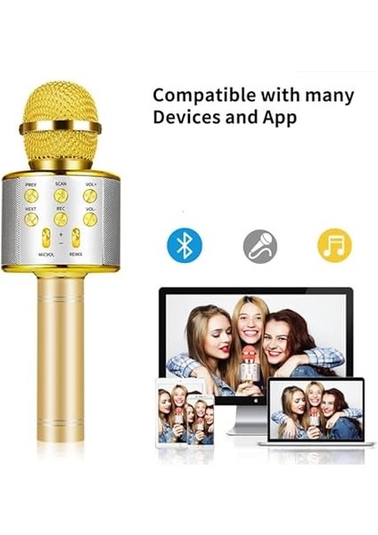 Çocuklar Için Karaoke Mikrofon Bluetoothlu Mikrofon Speaker Yetişkin Için Karaoke Aux USB Sd Kart Girişli Mic (Altın) fiyatları