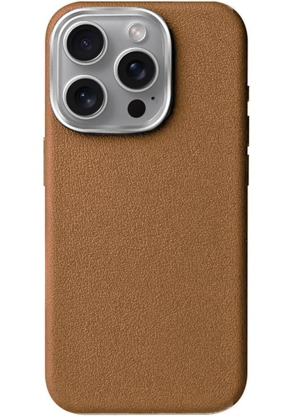 iPhone 16 Pro Için Magsafe ile Uyumlu Çizilmeyen ve Parmak Izi Tutmayan Deri Görünümlü Metal Tuşlu ve Metal Lens Çerçeveli Hybrid Silikon Kılıf (Taba, 16 Pro)