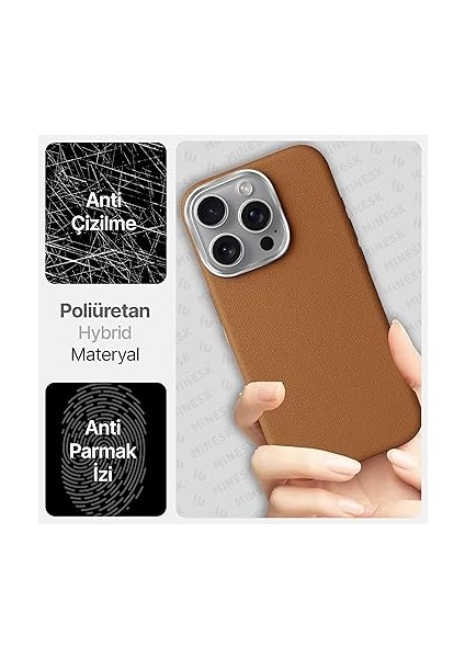 iPhone 16 Pro Için Magsafe ile Uyumlu Çizilmeyen ve Parmak Izi Tutmayan Deri Görünümlü Metal Tuşlu ve Metal Lens Çerçeveli Hybrid Silikon Kılıf (Taba, 16 Pro) fırsatları