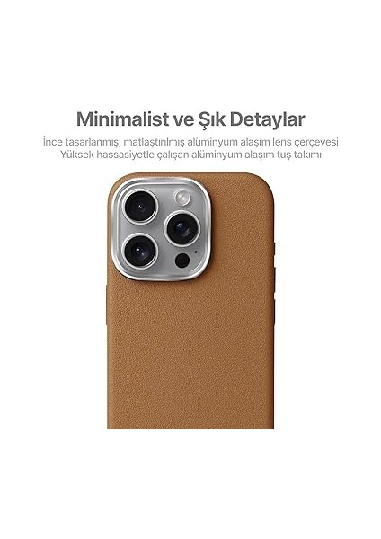 iPhone 16 Pro Için Magsafe ile Uyumlu Çizilmeyen ve Parmak Izi Tutmayan Deri Görünümlü Metal Tuşlu ve Metal Lens Çerçeveli Hybrid Silikon Kılıf (Taba, 16 Pro) indirimleri