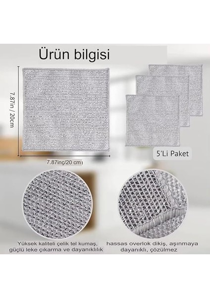 2024 5 Adet Inox Tel Bez Bulaşık Bezi - Zor Kir Bezi - Mutfak Banyo Bezi Çift Katlı Taraflı (20X20CM) fiyatları
