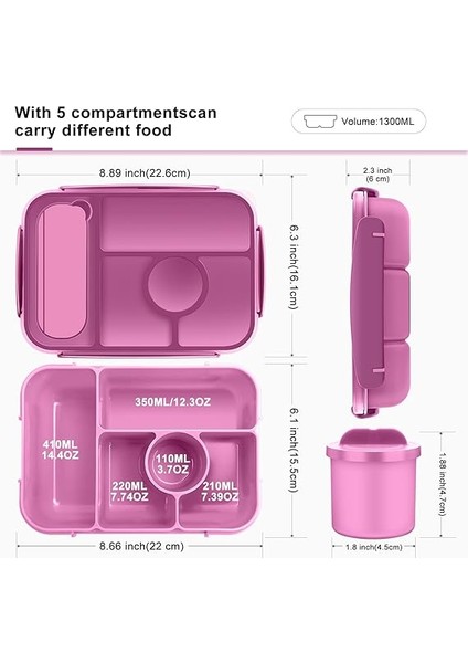 Lunch Box For Kids,bento Box Çocuk Beslenme Kutusu,yetişkin Öğle Yemeği KUTUSU,1300ML-5 Bölmeli Sosluklu ve Çatal Bıçaklı Öğle Yemeği Kapları,mikrodalga Bulaşık Makinesi (Mor) fiyatları