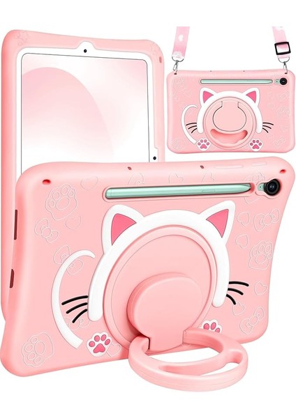 Standlı Askılı Karakterli Kedi Çocuk Kılıfı -Samsung Galaxy Tab S10 Fe / S9 Fe 10.9 / S9 11 Inç ile Uyumlu - Pembe