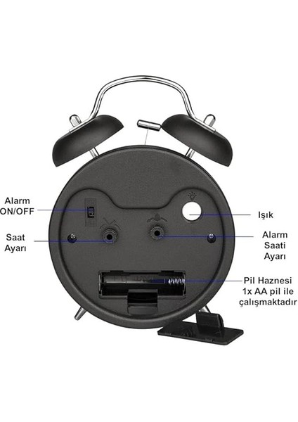 Sessiz Akar Saniyeli 16CM Alarm Masa Çalar Saat Yüksek Zil Sesi Büyük Boy Siyah fırsatları