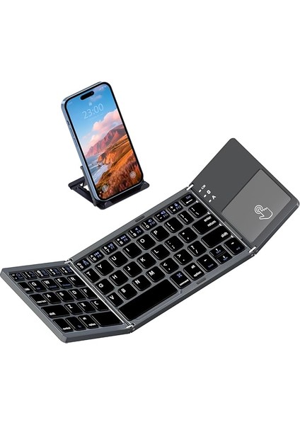 Katlanabilir Bluetooth Klavye, Rock &amp; Rown Cep Boyutunda Taşınabilir Kablosuz Klavye Touchpad ile Mac Os, Android, Windows, Linux, Pc, Tablet Için, Şarj Edilebilir Li-Ion Pilli, Koyu Gri