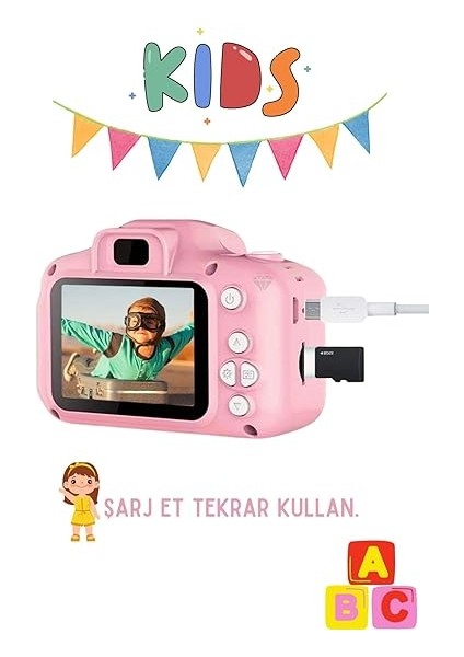 Çocuklar Için Dijital Fotoğraf Makinesi Fotoğraf ve Video Çeken Mini Pembe modelleri